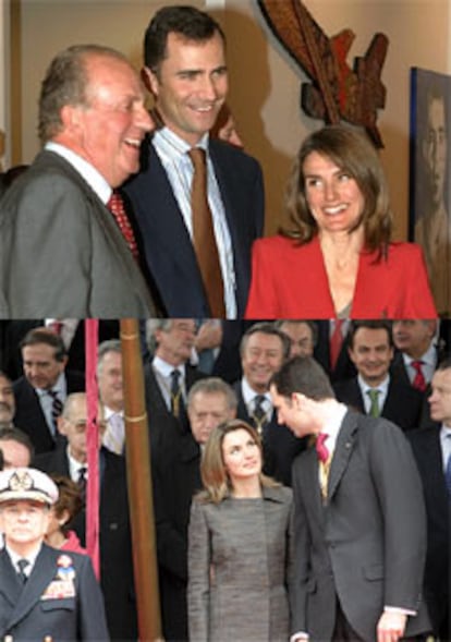Arriba, el Rey, el Príncipe y su prometida, en la feria Arco 2004. Abajo, los novios, en el 25º aniversario de la Constitución.
