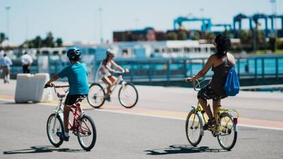 Ciudadanos de Valencia transitando en carril bici de La Marina.