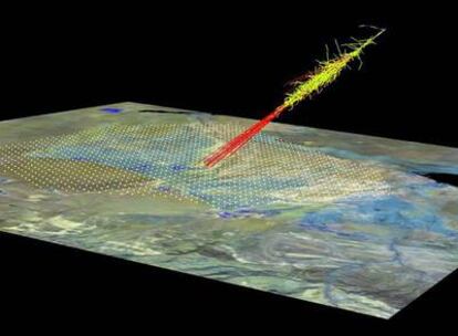 Simulación de un chubasco de partículas (fotones en amarillo y electrones y positrones en rojo) sobre el observatorio Pierre Auger.