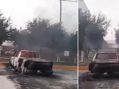 Vehículos de emergencia incendiados frente al Palacio Municipal de Doctor Coss, en Nuevo León, el 27 de febrero.