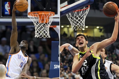 Ibaka busca el mate con el Oklahoma Thunder y Mirotic lanza un gancho con el Madrid.