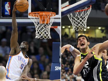 Ibaka busca el mate con el Oklahoma Thunder y Mirotic lanza un gancho con el Madrid.