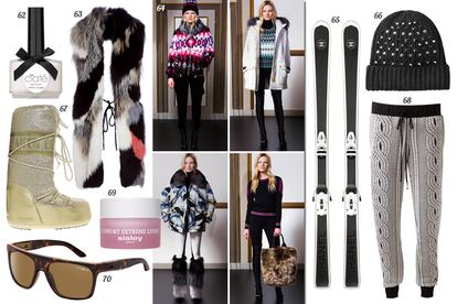 62. Ciat Laca de u?as Angel Wings. 63. The Row Estola de pelo. 64. Emilio Pucci. 65. Chanel Esqus. 66. H&M Gorro de lana con pedrera y pinchos. 67. Moon Boot Bota dorada de Aprs-Ski. 68. Daniella Kallmeyer Pantaln de algodn con print de punto. 69. Sisley Paris Blsamo labial nutritivo Confort Extreme Levres. 70. Arnette Gafas de sol con montura de pasta.