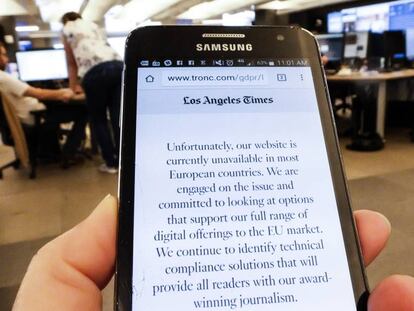 El mensaje que aparece al intentar acceder a la web del 'Los Angeles Times' desde la Unión Europea.
