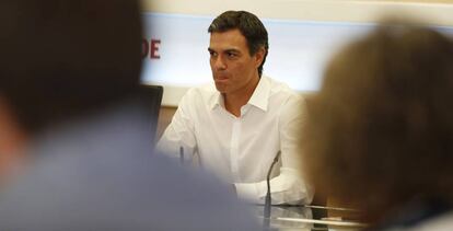 Pedro Sánchez, secretario general del PSOE, este lunes en Ferraz.