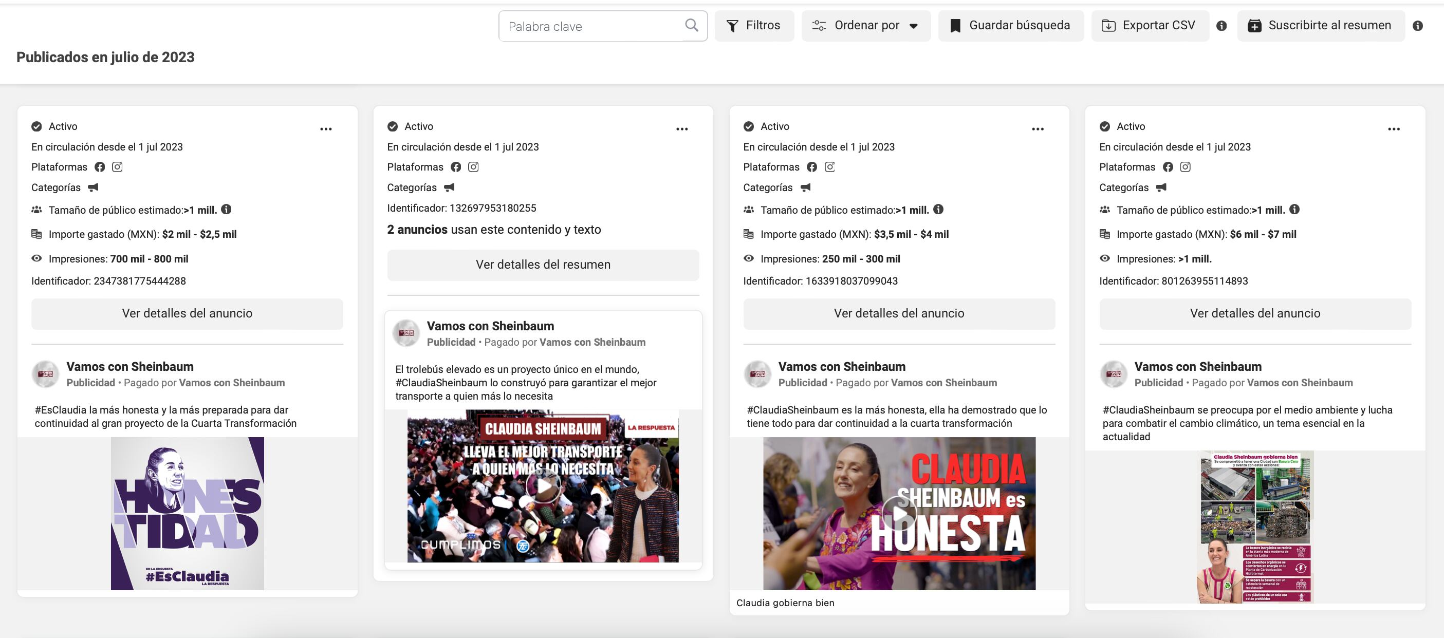 Algunos de los anuncios a favor de Claudia Sheinbaum en los sitios web de Meta.