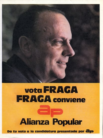 Manuel Fraga eligió una pose más alejada que la mirada directa que tan buenos resultados les dio a Adolfo Suárez y Felipe González. Ministro durante el franquismo, su actitud conciliadora, abierta y proclive al consenso -incluso presentó al líder comunista, Santiago Carrillo, en una conferencia del Club Siglo XXI- hizo que los grupos más a la derecha abandonen Alianza Popular antes de los comicios de 1977. "Lo que se quiere vender es a un Fraga visionario pero distante, capaz de sacar a España adelante, que no te mira de frente porque 'está un poco por encima de ti", reflexiona Izquierdo. "Ahora, en parte por influencia del márketing que marca la agenda de demócratas y republicanos en Estados Unidos, se impone la idea de que el presidente del Gobierno podría ser tu vecino".