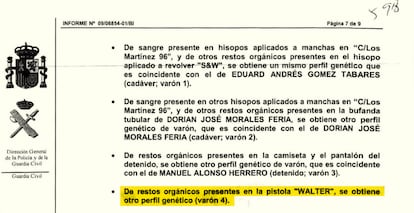 Extracto del informe del Servicio de Criminalística en el que se señala que  se ha encontrado el ADN de un "cuarto varón" en una de las armas usadas por los asaltantes. 