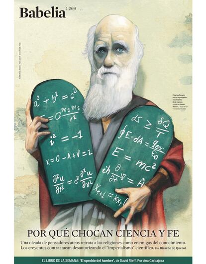 Charles Darwin porta ecuaciones de la ciencia como un nuevo Mois&eacute;s.&ensp;Ilustraci&oacute;n: Fernando Vicente