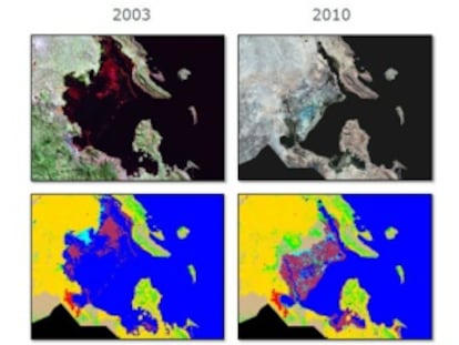 Cambios de uso de suelo en la Bahía de Puno 2003-2007. Crédito: GAF para ESA/Banco Mundial.