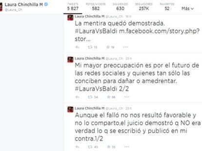 Reacciones de la expresidenta Laura Chinchilla al fallo del tribunal en Twitter.