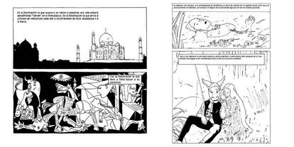 Dos páginas del tebeo 'El secreto del salmo 46" (Diábolo Ediciones, 2016) que adapta a las viñetas la conferencia sobre arte y videojuegos del diseñador y académico Brian Moriarty. 