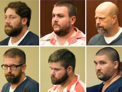 This combination of photos shows, from top left, former Rankin County sheriff's deputies Hunter Elward, Christian Dedmon, Brett McAlpin, Jeffrey Middleton, Daniel Opdyke and former Richland police officer Joshua Hartfield appearing at the Rankin County Circuit Court in Brandon, Miss., Aug. 14, 2023.