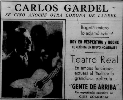 Publicación sobre una presentación de Carlos Gardel en el periódico El Espectador, el 15 de junio de 1935.