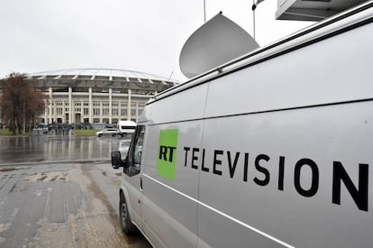 Una unidad m&oacute;vil de la cadena televisiva rusa RT, en Mosc&uacute;, el pasado fin de semana.