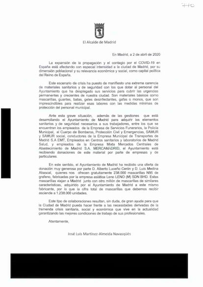 La carta enviada por Almeida a los comisionistas, incorporada al sumario judicial.