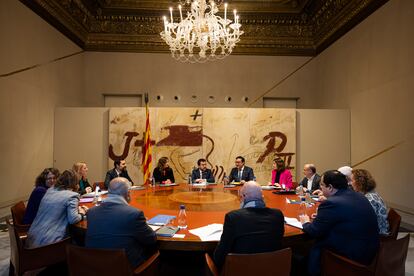 El president de la Generalitat, Pere Aragonès, encabeza la reunión semanal del Consell Executiu catalán en el Palau de la Generalitat, este miércoles.

