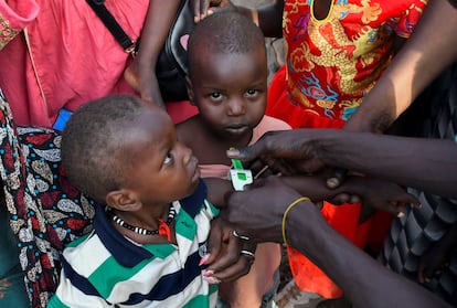 Varios niños sudaneses son examinados para determinar si sufren desnutrición, tras haber cruzado la frontera con Sudán del Sur, en abril de 2023.