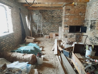 Construction work on Gregori and Liudmila's new home in Zahaltsi, Ukraine, on Monday.