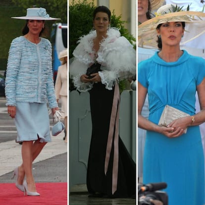 Carolina de Mónaco, vestida por Lagerfeld para Chanel en la boda de Felipe y Letizia (izquierda), en la cena de gala previa a la misma (centro) y en el enlace civil de su hermano Alberto de Mónaco (derecha).