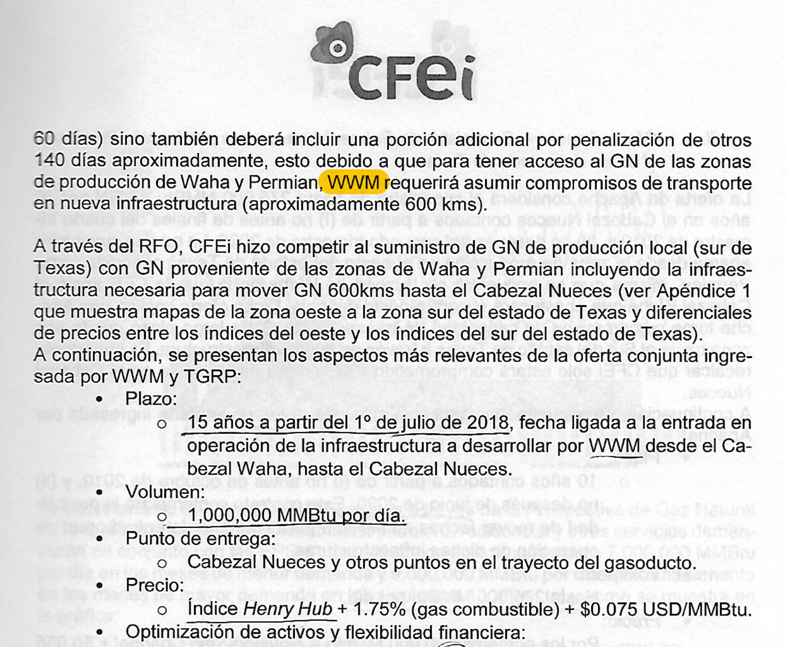 Un documento filtrado muestra las condiciones del contrato entre CFEI y Whitewater Midstream como fue aprobado por el consejo en noviembre de 2017.