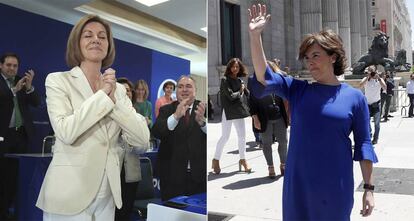 Cospedal y Soraya Sáenz de Santamaría hoy durante el anuncio de sus candidaturas.