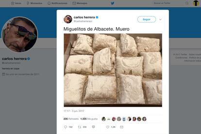 En plena invasión de dulces norteamericanos, helados tailandeses o deconstrucciones de crema catalana en vasito, Herrera vuelve a nuestras raíces. Los miguelitos, pastelito clásico de La Roda, comprado a menudo en estaciones de servicio, son una joya. Y hay que decirlo claro. Su “muero” es suficientemente expresivo.
