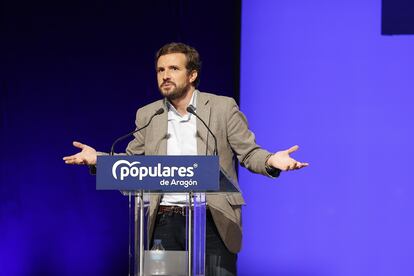 El presidente del PP, Pablo Casado, durante el 14º congreso del PP de Aragón.