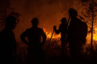 Un grupo de bomberos forestales tratan de extinguir el fuego la noche de este viernes en Argayo, en Castilla y León.