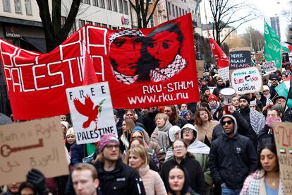 Manifestación contra la participación de Israel en el Festival de Eurovisión, celebrada el pasado día 17 en las calles de Estocolmo (Suecia).