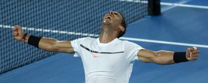 Nadal celebra su victoria en los octavos frente a Monfils.