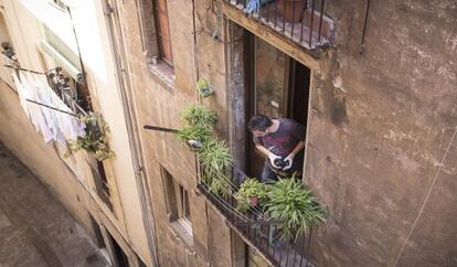 Un agente de los Mossos se asoma al balcón del piso en el que vivía la anciana.