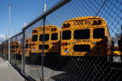 School buses are seen parked at First Student Charter Bus Rental as the spread of coronavirus disease (COVID-19) continues in San Francisco, California, U.S. April 7, 2020.