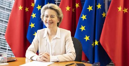 Ursula von der Leyen, durante la videoconferencia entre China y la UE celebrada hoy. 