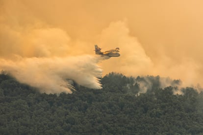 Un hidroavión descarga sobre el fuego de Jarilla, frente al municipio de Hervás.