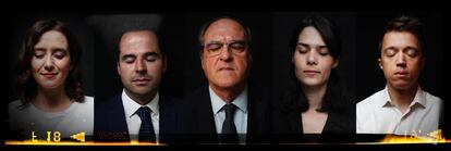 Desde la izquierda, Isabel Díaz Ayuso (PP), Ignacio Aguado (Ciudadanos), Ángel Gabilondo (PSOE-M), Isabel Serra (Unidas Podemos, Izquierda Unida, Madrid en Pie) e Íñigo Errejón (Más Madrid) en los retratos de la serie de entrevistas realizadas por EL PAÍS a los candidatos a la presidencia de la Comunidad de Madrid en las elecciones del 26-M de 2019. Los 132 escaños de la Asamblea de Madrid se reparten entre socialistas, 37; PP, 30; Ciudadanos, 26; Más Madrid, 20; Vox, 12 y Podemos, 7.