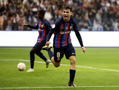 Pedri celebra su gol al Real Madrid en la final de la Supercopa de España, el pasado mes de enero.