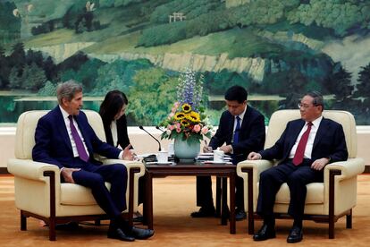 U.S. Special Presidential Envoy for Climate John Kerry and Chinese Premier Li Qiang attend a meeting at the Great Hall of the People in Beijing, China