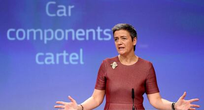 La comisaria de Competencia, Margrethe Vestager, en una rueda de prensa en Bruselas, este miércoles.