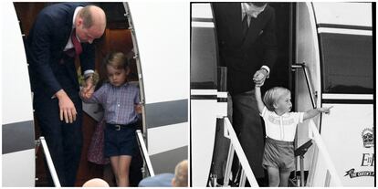 Guillermo de Inglaterra ayuda a su hijo, el príncipe Jorge, a su llegada el pasado lunes a Varsovia. A la derecha, Carlos de Inglaterra y su hijo mayor, el hoy duque de Cambride, en un viaje de Estado en 1984.