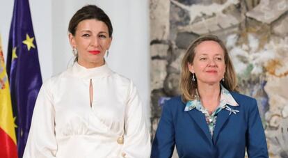 Yolanda Díaz, ministra de Trabajo y Economía Social (izquierda) junto a la vicepresidenta económica y ministra de Asuntos Económicos y Transformación Digital, Nadia Calviño.