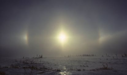 Un halo se forma cuando la luz del sol choca con cristales de hielo hexagonales. Manitoba (Canad&aacute;). 