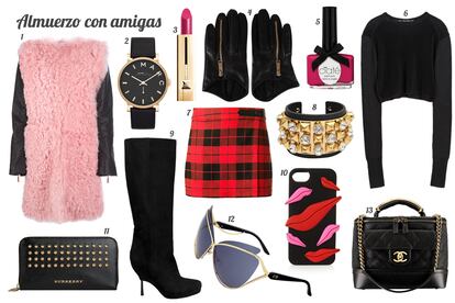 1. Cedric Charlier Abrigo de pelo con mangas de cuero. 2. Marc by Marc Jacobs Reloj con correa de piel. 3. Guerlain Barra de labios “Rouge Automatique”. 4. Dsquared2 Guantes de piel con cremalleras. 5. Ciaté Laca de uñas “Knickerbockerglory”. 6. Zara Crop jersey. 7. Alice + Olivia Falda mini con print de cuadros. 8. Juicy Couture Brazalete de piel con tachuelas y pedrería. 9. & Other Stories Bota de caña alta de ante. 10. Diane von Furstenberg Funda de silicona con labios en relieve para iPhone 5. 11. Burberry Billetero de piel con tachuelas. 12. Dior Gafas de sol con montura de metal. 13. Chanel Bolso de piel acolchada con asa de cadena.