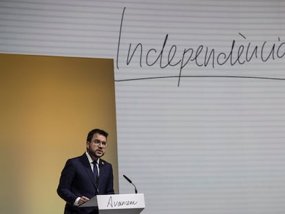 El presidente Pere Aragonès, este lunes durante su conferencia en el MNAC por el primer aniversario de las elecciones autonómicas.