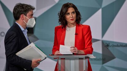 La candidata del PP, Isabel Díaz Ayuso, antes del comienzo del debate electoral del 4-M, el miércoles.