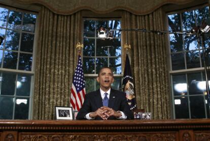 El presidente de Estados Unidos, Barack Obama, durante su discurso a la nación desde el Despacho Oval.