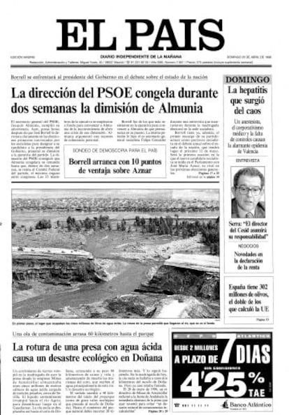 Portada del diario EL PAÍS de hace 20 años.