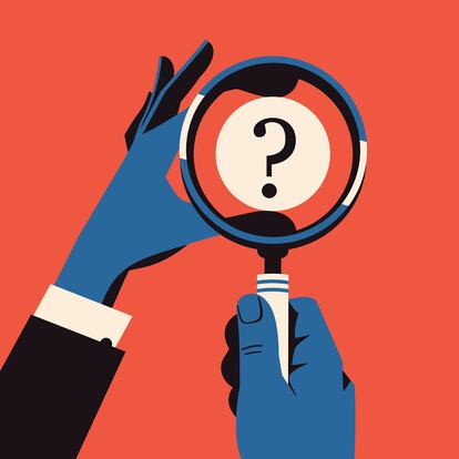 Vector modern abstract illustration on hand with magnifying glass