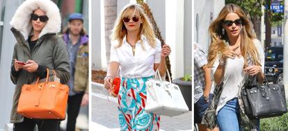 De izquierda a derecha: la modelo Irina Shayk y las actrices Reese Witherspoon y Sofia Vergara, con un Birkin.