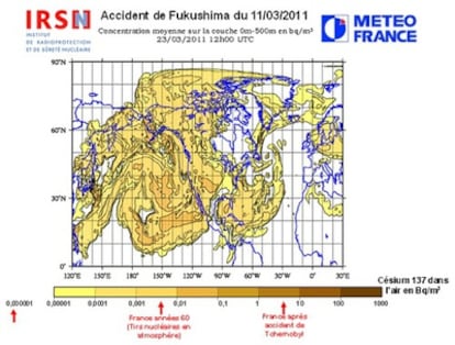 Simulación del alcance de la nube radiactiva.